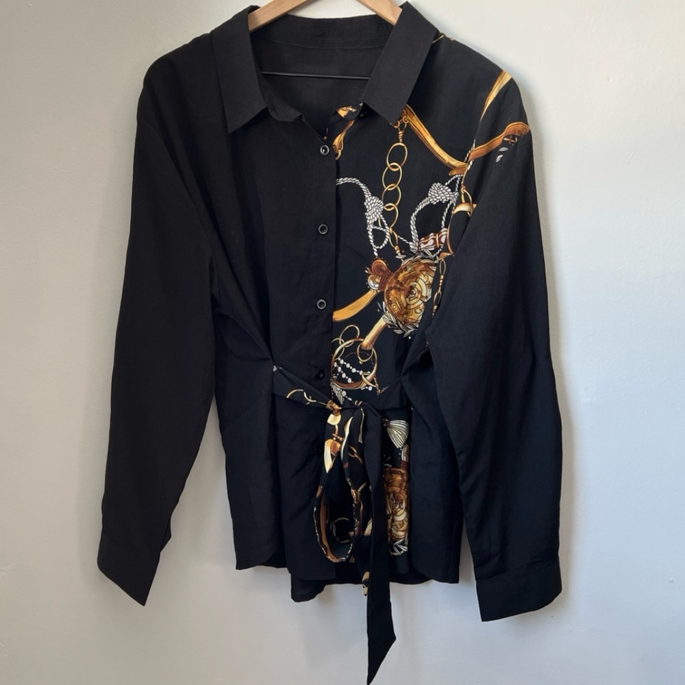 shein belted button front black and gold blouse